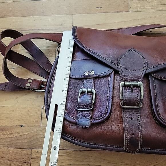 Vintage Distressed Brown Genuine Leather Crossbody Saddlebag Boho Hippie Western - Picture 8 of 11